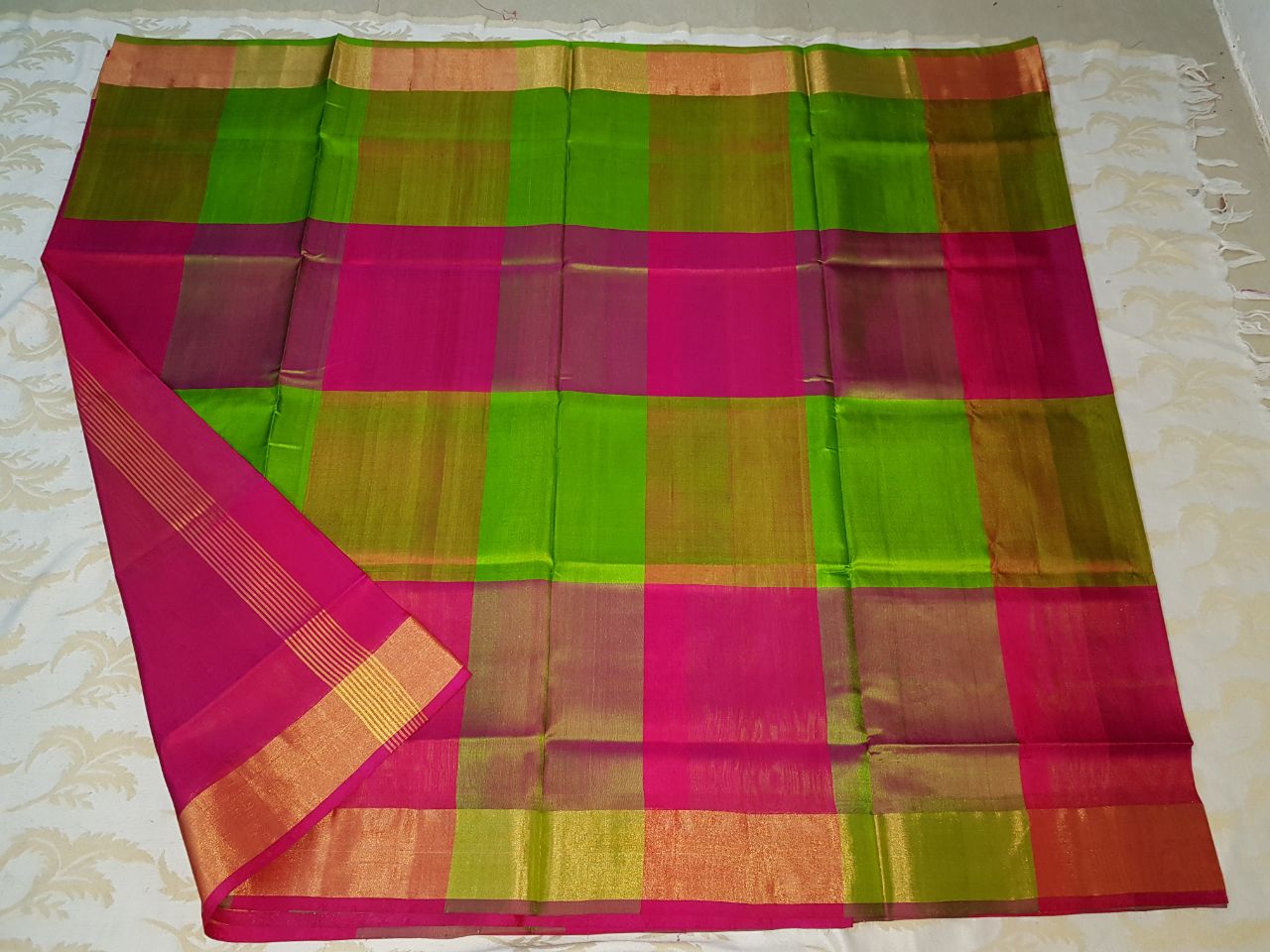 Uppada Rani Pink with Green Big checks silk saree – Devi Handlooms
