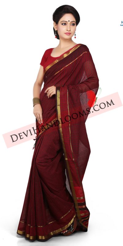 black-with-red-color-checks-mangalagiri-cotton-saree-with-blouse-front-view