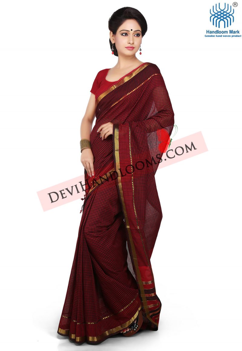 black-with-red-color-checks-mangalagiri-cotton-saree-with-blouse-front-view