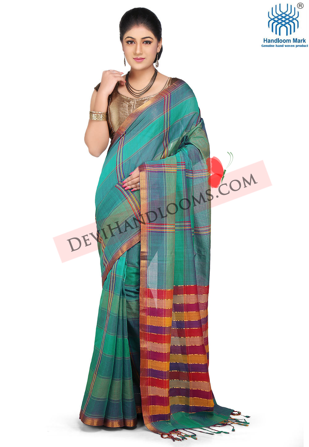 cyan-color-checked-mangalagiri-cotton-saree-front-view