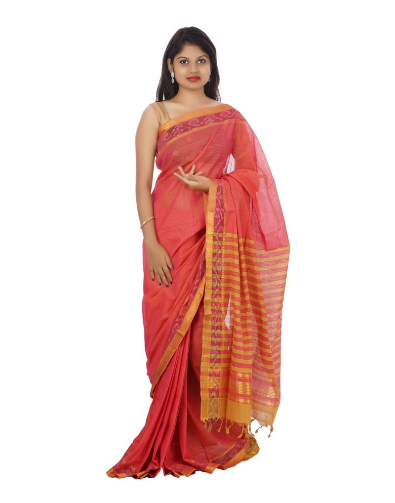 Dark pink Color Mangalagiri Cotton Saree with pochampally ikat design on border-front view