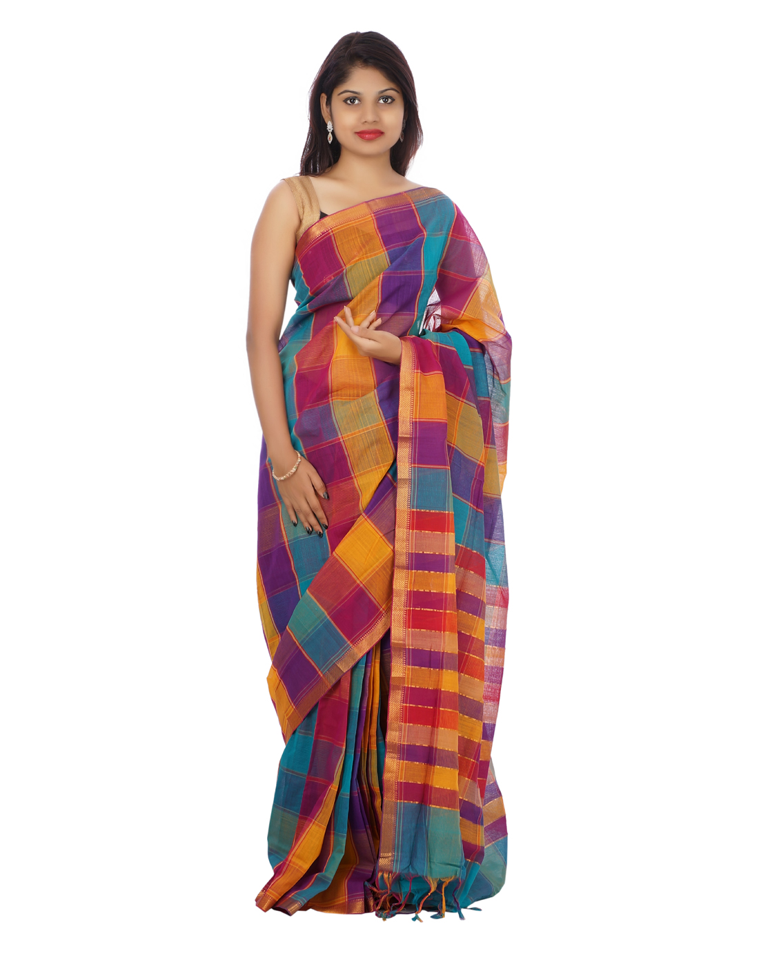 Multi Color Mangalagiri Handloom Cotton Saree-front view