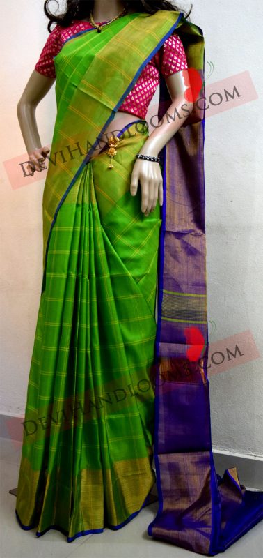 Uppada Parrot Green double checks Big Border Silk Saree – Devi ...