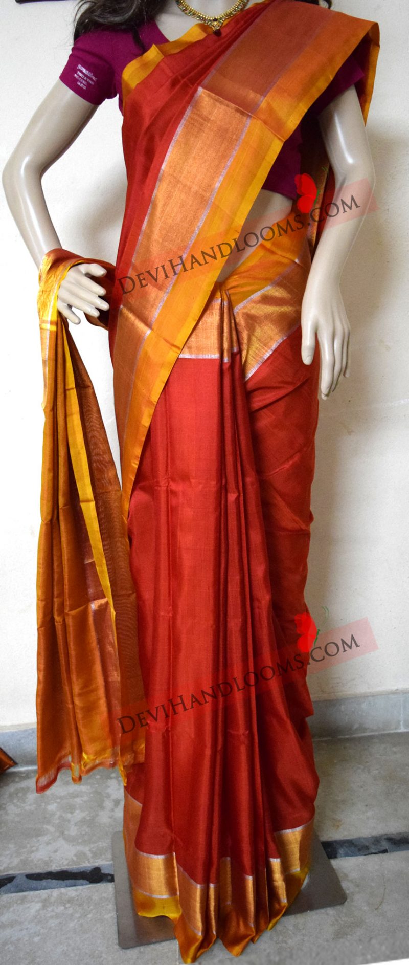uppada-red-with-mustard-yellow-plain-silk-saree-front-view