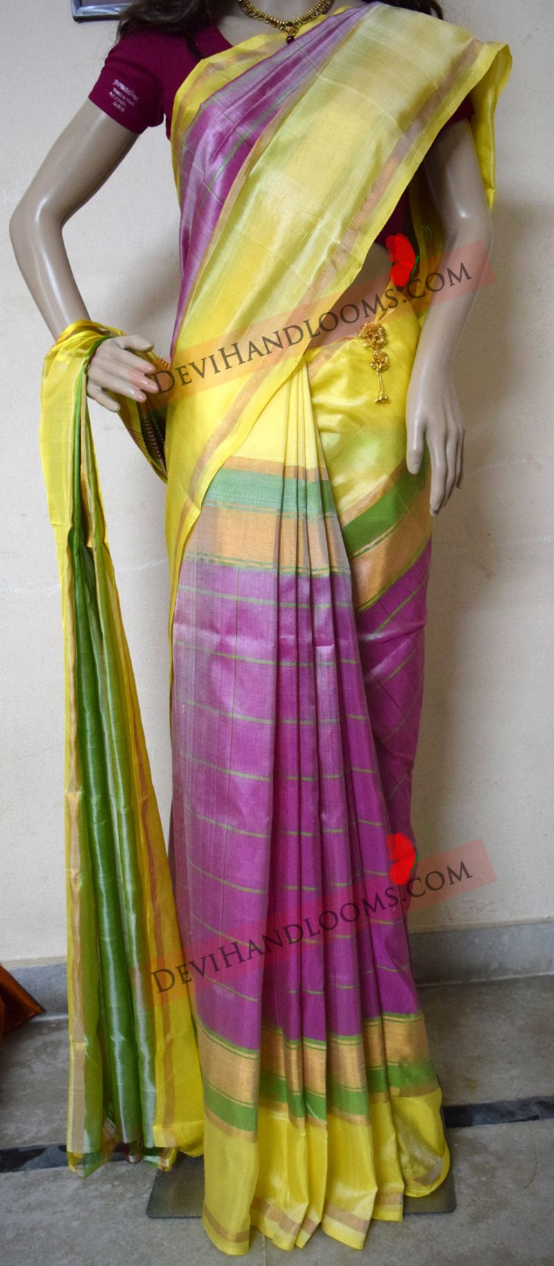 uppada-yellow-color-border-with-pink-color-running-saree-front-view