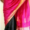 black with rani pink half and half silk saree