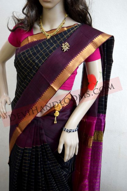 Black Color Mangalagiri Handloom Semi silk Small Zari Checks saree with