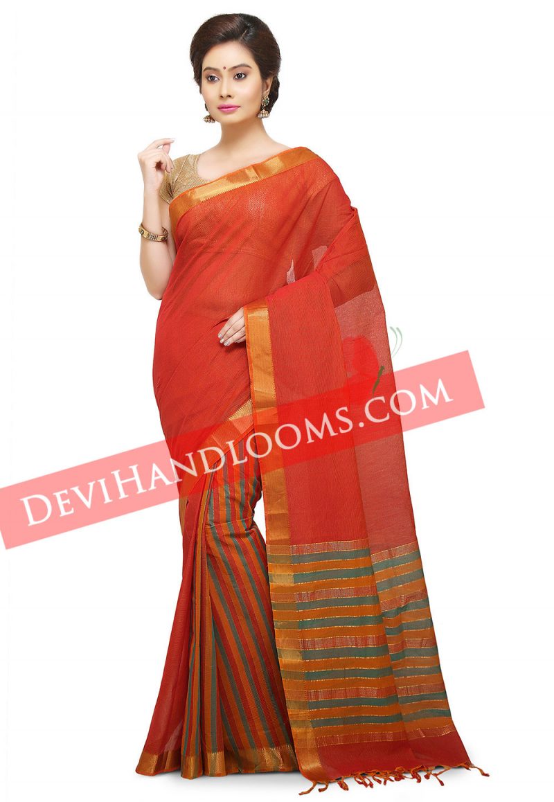 Handwoven Mangalagiri Rust and multi color half and half cotton saree with blouse-1