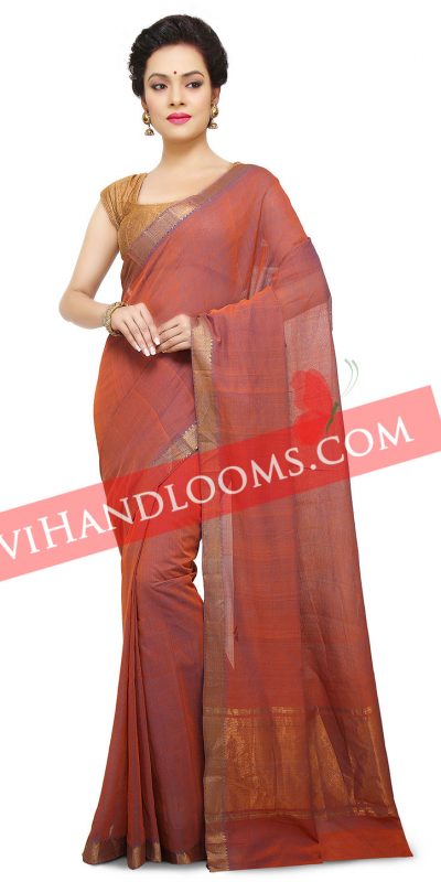 Handwoven Mangalagiri Rust Color cotton saree with blouse