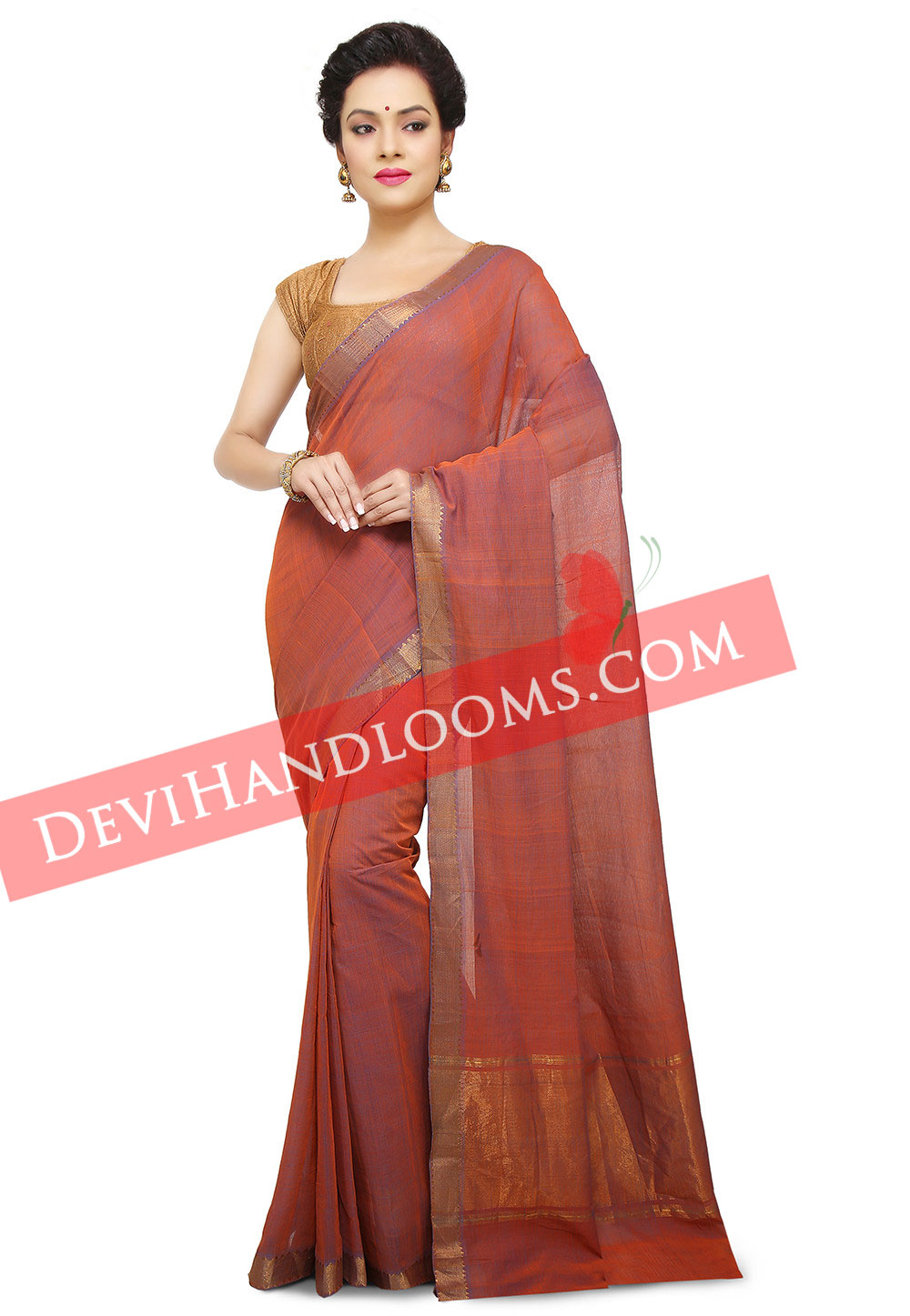Handwoven Mangalagiri Rust Color cotton saree with blouse