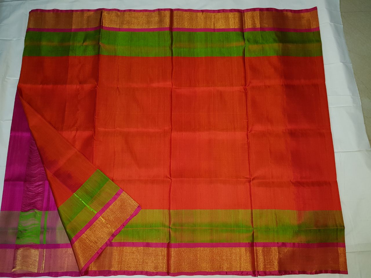 Uppada Orange Pink with Green Color Silk Saree with Gold color border ...